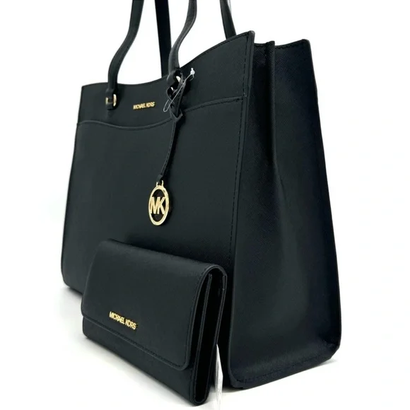 Michael Kors Large MF Pocket Shoulder Tote Bag & Trifold Wallet Black/Gold